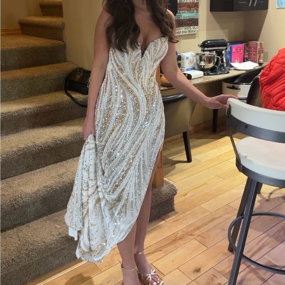 Elegant White and Gold Sequin Gown